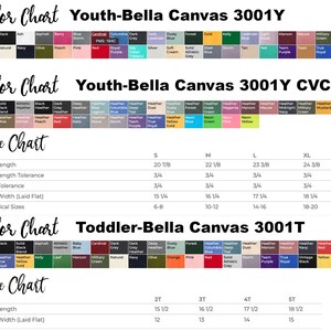 May include: A comprehensive color and size chart for Bella Canvas 3001Y youth and 3001T toddler t-shirts. The image displays rows of color swatches labeled with names and tables detailing body length, chest width, and numerical sizes in inches.