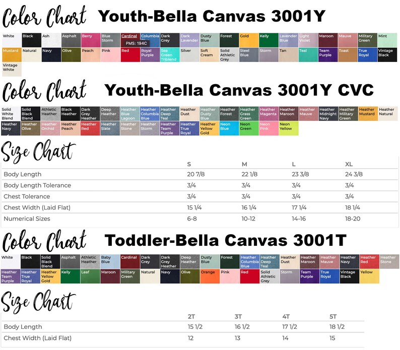 May include: A comprehensive color and size chart for Bella Canvas 3001Y youth and 3001T toddler t-shirts. The image displays rows of color swatches labeled with names and tables detailing body length, chest width, and numerical sizes in inches.
