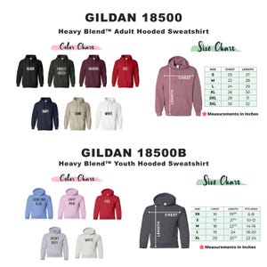 Puede incluir: Tabla de colores y tabla de tallas para sudaderas con capucha Gildan 18500 y 18500B. La sudadera para adultos est&aacute; disponible en colores como negro, verde bosque, granate, rojo, azul marino, arena y blanco. La sudadera para j&oacute;venes est&aacute; disponible en colores como azul Carolina, rosa claro, rojo, gris deportivo y blanco. La tabla de tallas muestra las medidas de pecho y longitud en pulgadas.