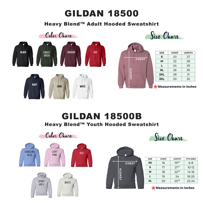 Puede incluir: Tabla de colores y tabla de tallas para sudaderas con capucha Gildan 18500 y 18500B. La sudadera para adultos est&aacute; disponible en colores como negro, verde bosque, granate, rojo, azul marino, arena y blanco. La sudadera para j&oacute;venes est&aacute; disponible en colores como azul Carolina, rosa claro, rojo, gris deportivo y blanco. La tabla de tallas muestra las medidas de pecho y longitud en pulgadas.
