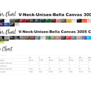 May include: A color and size chart for Bella Canvas 3005 and 3005 CVC V-neck unisex t-shirts. The image displays two rows of color swatches with labels and a table listing body length, chest width, and sleeve length in inches for sizes XS to 3XL.