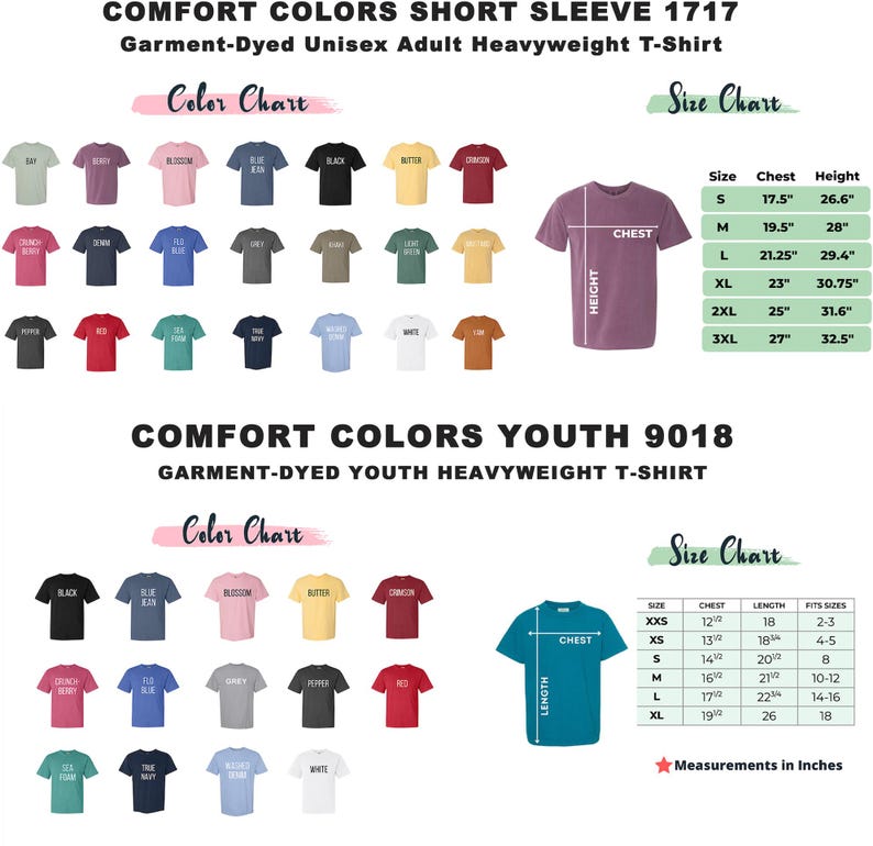 Puede incluir: Una tabla de colores que muestra diferentes colores de camisetas, con tablas de tallas para adultos y j&oacute;venes. La tabla de tallas para adultos muestra las medidas de pecho y altura en pulgadas, mientras que la tabla de tallas para j&oacute;venes muestra las medidas de pecho, longitud y tallas que se ajustan en pulgadas. El texto "COMFORT COLORS SHORT SLEEVE 1717" y "COMFORT COLORS YOUTH 9018" es visible.