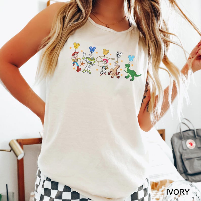 Comfort Colors Retro Toy Story Friends Tank Top, Mickey Head Balloon Shirt, Toy Story Characters Tank top, Magic Kingdom Tank top, 211952 Ivory
