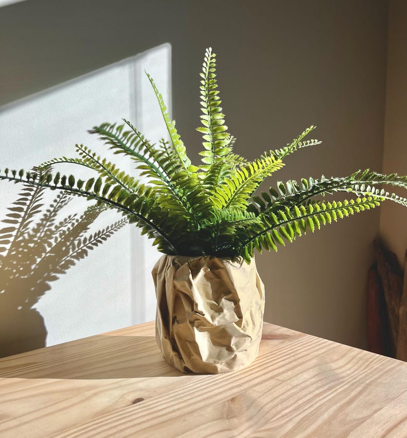May include: A green fern plant in a brown paper bag planter. The plant is sitting on a light brown wooden table.