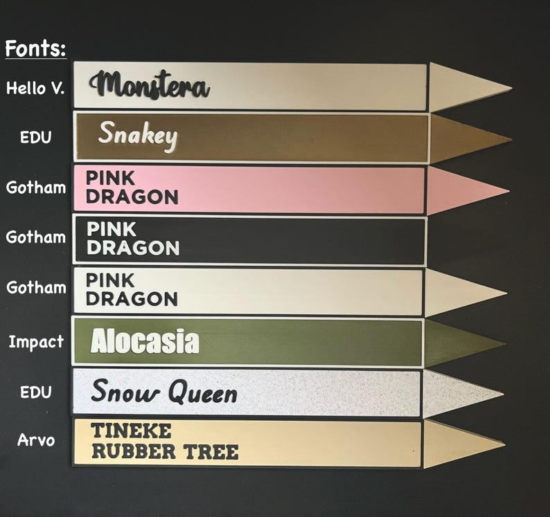 May include: A chart showing different fonts and their names. The fonts are displayed on a black background with a white border. The fonts are: Hello V., Monstera, Snakey, Gotham Pink Dragon, Impact Alocasia, EDU Snow Queen, Arvo Tineke Rubber Tree.