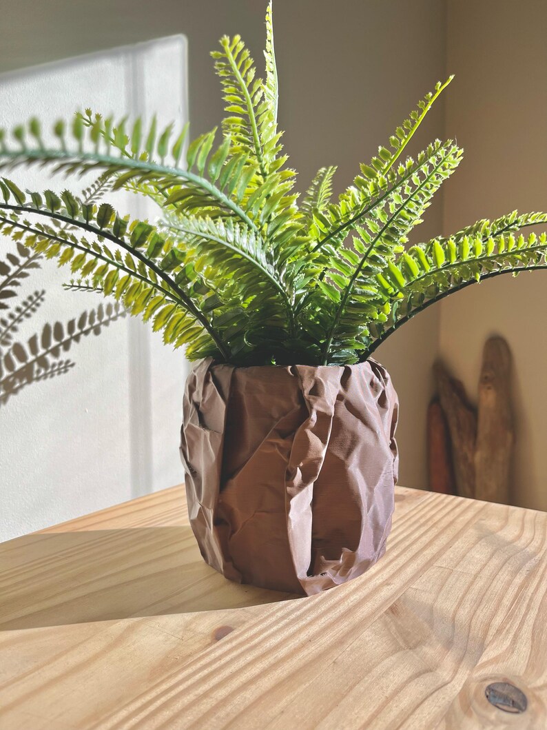 May include: A brown, textured ceramic planter with a green fern plant inside. The planter has a crumpled paper-like texture.