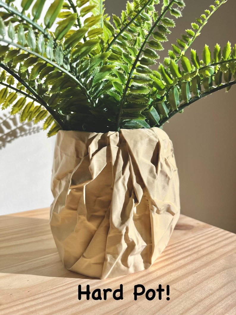May include: A green fern plant in a beige, textured, hard pot. The pot is made to look like crumpled paper. The pot is sitting on a wooden surface. "Hard Pot!" is written in black text below the pot.