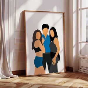 May include: A digital illustration of three people, two women and one man, standing together. The women are wearing athletic wear, one in blue and one in black. The man is wearing a blue shirt and black pants.