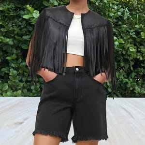 Leather Vest, Vintage Fringed Vest,Women&#39;s Western Fringe Vest, Black Fringe Vest, Cowgirl Clothing,Mini Western Vest, Leather vest Handmade