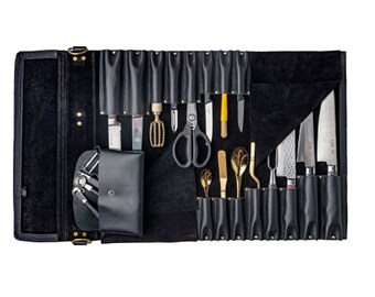 Handmade Black Leather Knife Roll, Monogrammed Chef Gift
