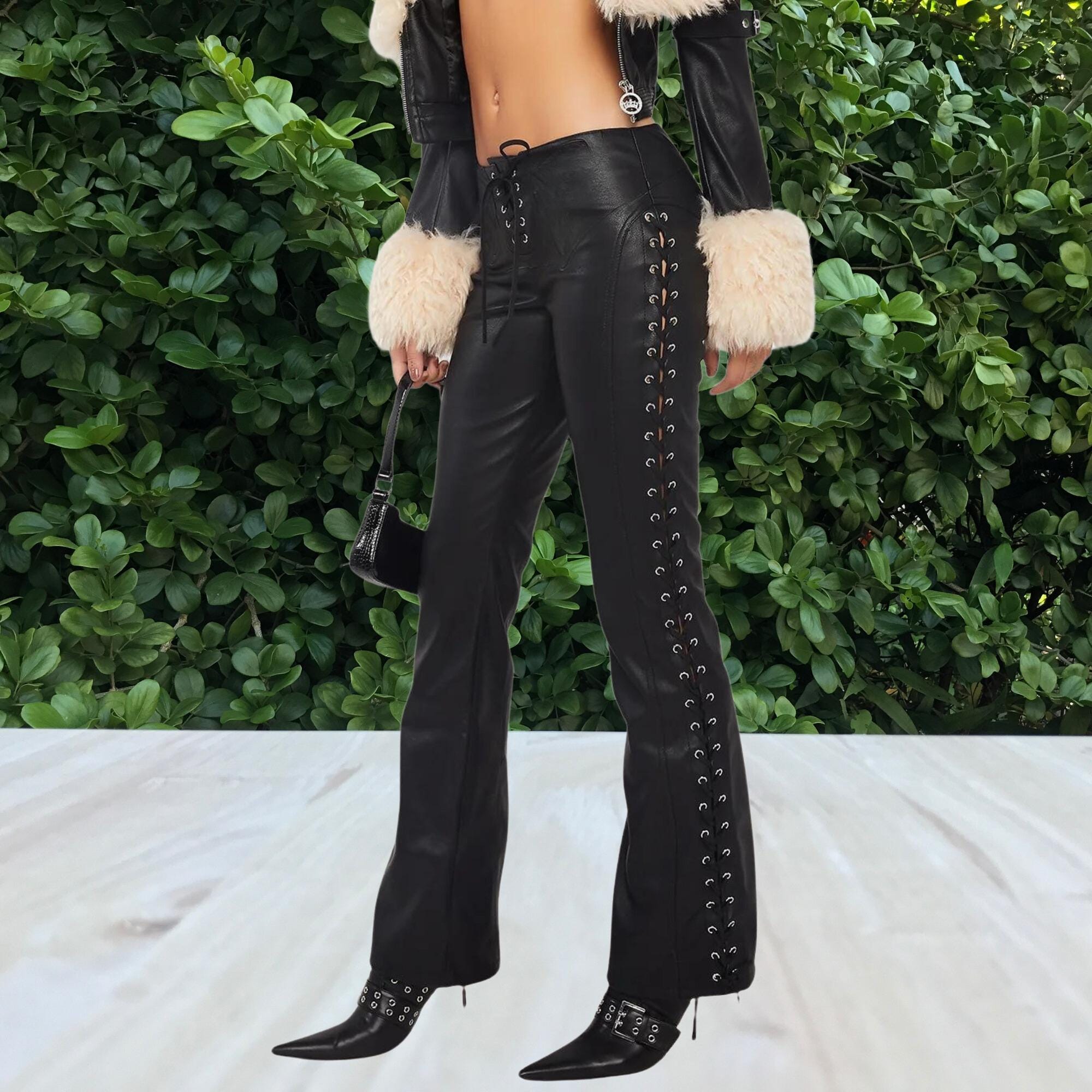 パンツ L.G.B. lace up flare leather pants Sexyshine Women's Bell Bottom Faux Leather Pants Lace Up High