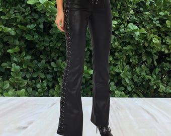 パンツ vintage leather flare pants Womens Faux Leather Flare Pants Lace up High Waisted Wide