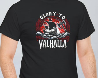 Camiseta vikinga Glory To Valhalla - Camiseta de algodón pesado unisex nórdico/celta