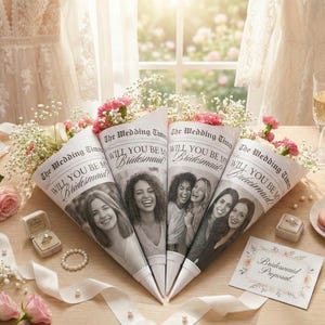 ブライズメイドプロポーズ新聞フラワーブーケ、メイドオブオナープロポーズ新聞ウェディングアクセサリー、ブライズメイドになってくださいカードギフト