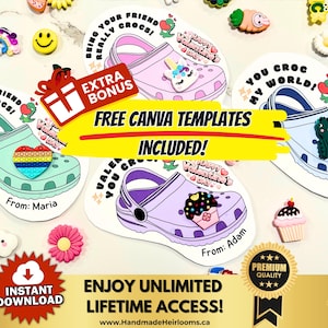 Può includere: Design digitali con scarpe colorate in stile Crocs con vari ciondoli e il testo "Being Your Friend Really Crocs!" e "You Croc My World!" Include "Free Canva Templates Included!" e "Instant Download".