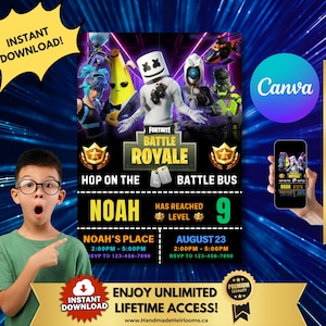 Convite de aniversário editável para jogo de fortaleza | Modelo de festa para jogos infantis para impressão | Cartão de aniversário para videogame infantil Canva Gamer Birthday Evite DIY