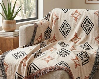 Manta geométrica del suroeste / Patrón de rayas estilo azteca / Diseño tribal terracota beige y negro / Decoración bohemia desértica y tapiz de pared
