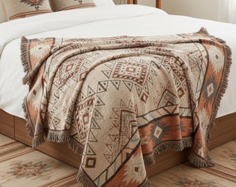 Manta tejida azteca navajo, manta geométrica del suroeste, patrón de rayas boho, diseño tribal terracota beige grisáceo