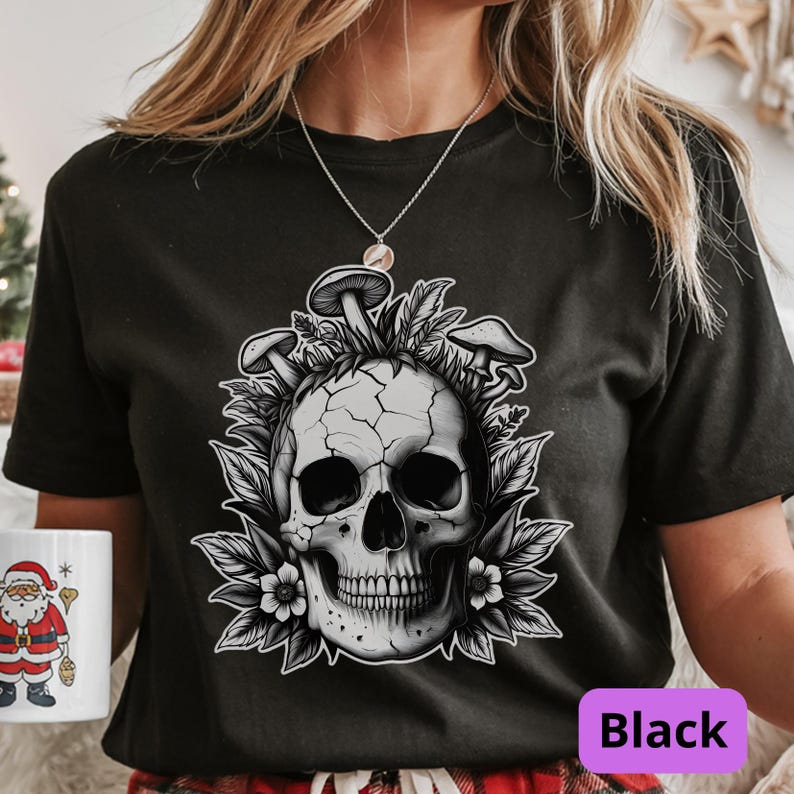 Mushroom Skull Shirt | Goblincore Skeleton Tee | Dark Cottagecore Apparel | Fantasy Mushroom Art | Unisex Nature Gothic Top Black