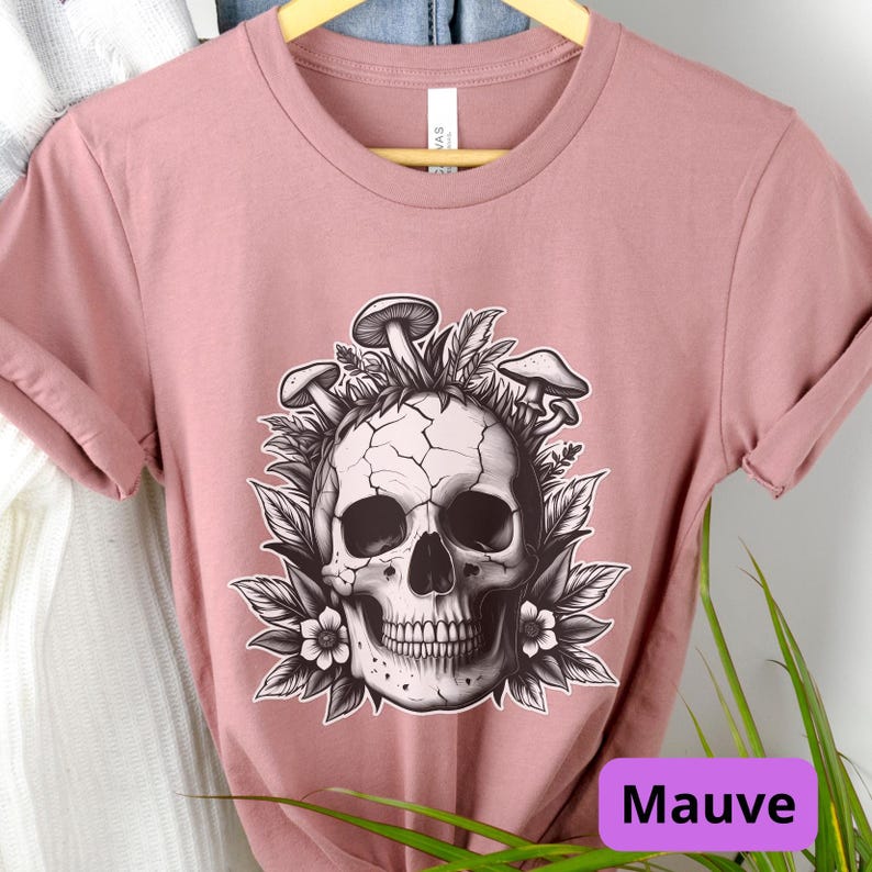 Mushroom Skull Shirt | Goblincore Skeleton Tee | Dark Cottagecore Apparel | Fantasy Mushroom Art | Unisex Nature Gothic Top Heather Mauve