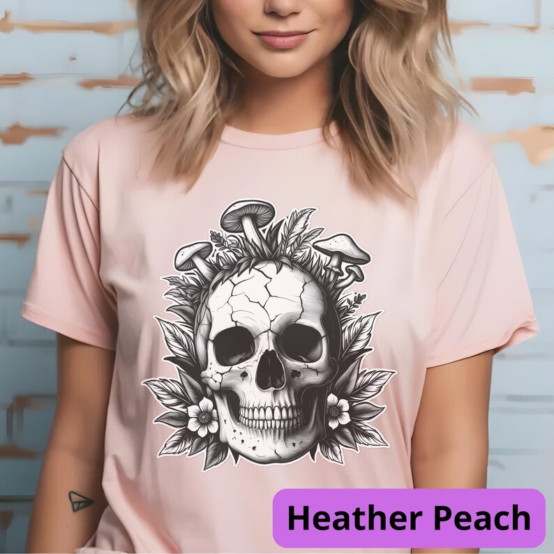 Mushroom Skull Shirt | Goblincore Skeleton Tee | Dark Cottagecore Apparel | Fantasy Mushroom Art | Unisex Nature Gothic Top Heather Peach