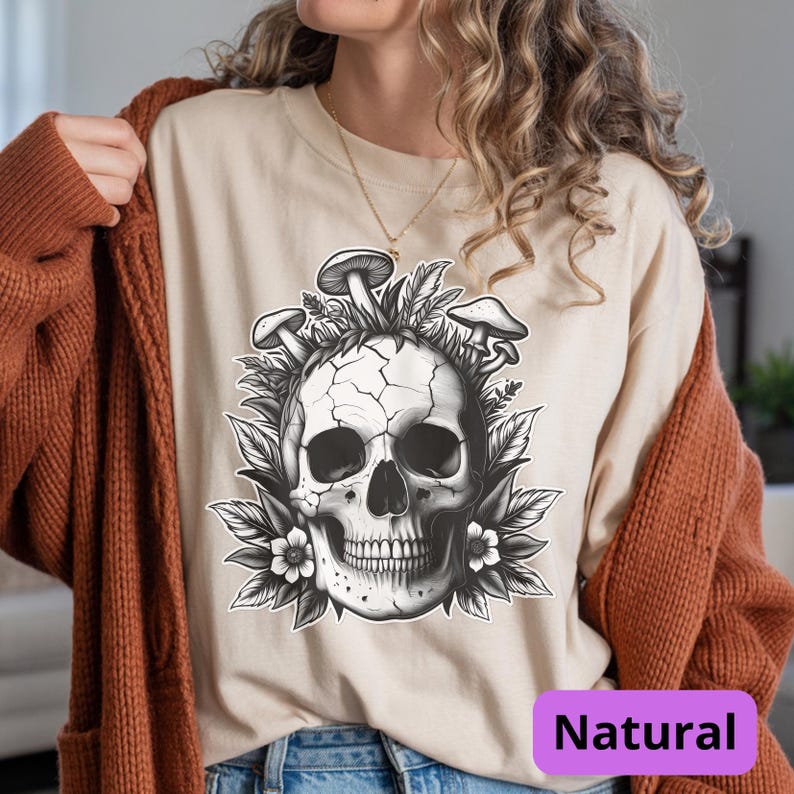 Mushroom Skull Shirt | Goblincore Skeleton Tee | Dark Cottagecore Apparel | Fantasy Mushroom Art | Unisex Nature Gothic Top Natural