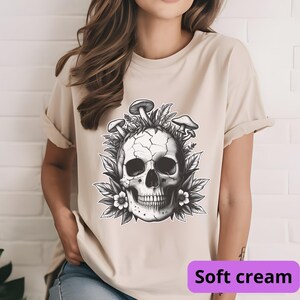 Mushroom Skull Shirt | Goblincore Skeleton Tee | Dark Cottagecore Apparel | Fantasy Mushroom Art | Unisex Nature Gothic Top Soft Cream