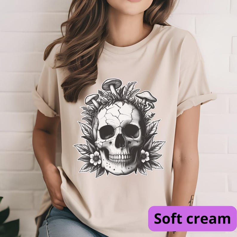 Mushroom Skull Shirt | Goblincore Skeleton Tee | Dark Cottagecore Apparel | Fantasy Mushroom Art | Unisex Nature Gothic Top Soft Cream