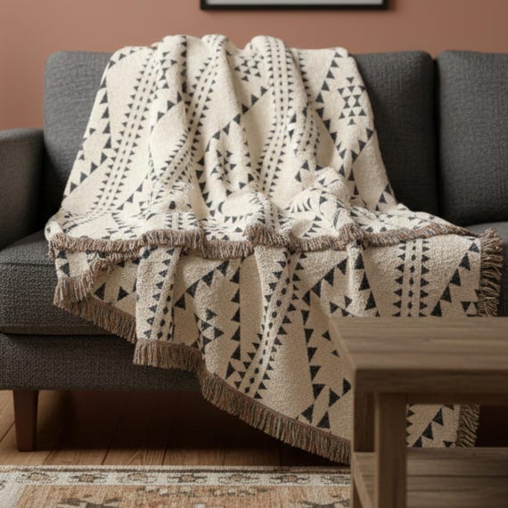 Aztec Stripes Woven Blanket | Southwestern Geometric Throw | Navajo Style Diamond Pattern | Tribal Bedspread & Boho Wall Tapestry
