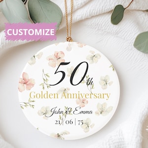 50th Anniversary Ornament, Golden Wedding Keepsake, Gold Anniversary Ornament, Personalized Round Ceramic Gift, Custom Couple Name & Date