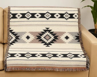 Manta tejida del suroeste, manta con estampado tribal moderno, colcha de estilo nativo americano, tapiz geométrico de algodón para colgar en la pared