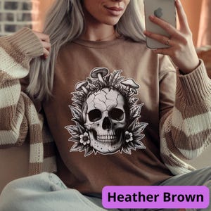Mushroom Skull Shirt | Goblincore Skeleton Tee | Dark Cottagecore Apparel | Fantasy Mushroom Art | Unisex Nature Gothic Top Heather Brown