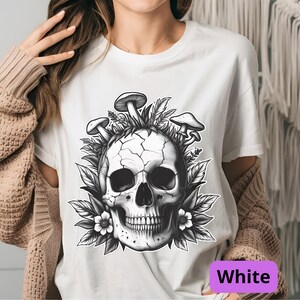 Mushroom Skull Shirt | Goblincore Skeleton Tee | Dark Cottagecore Apparel | Fantasy Mushroom Art | Unisex Nature Gothic Top White