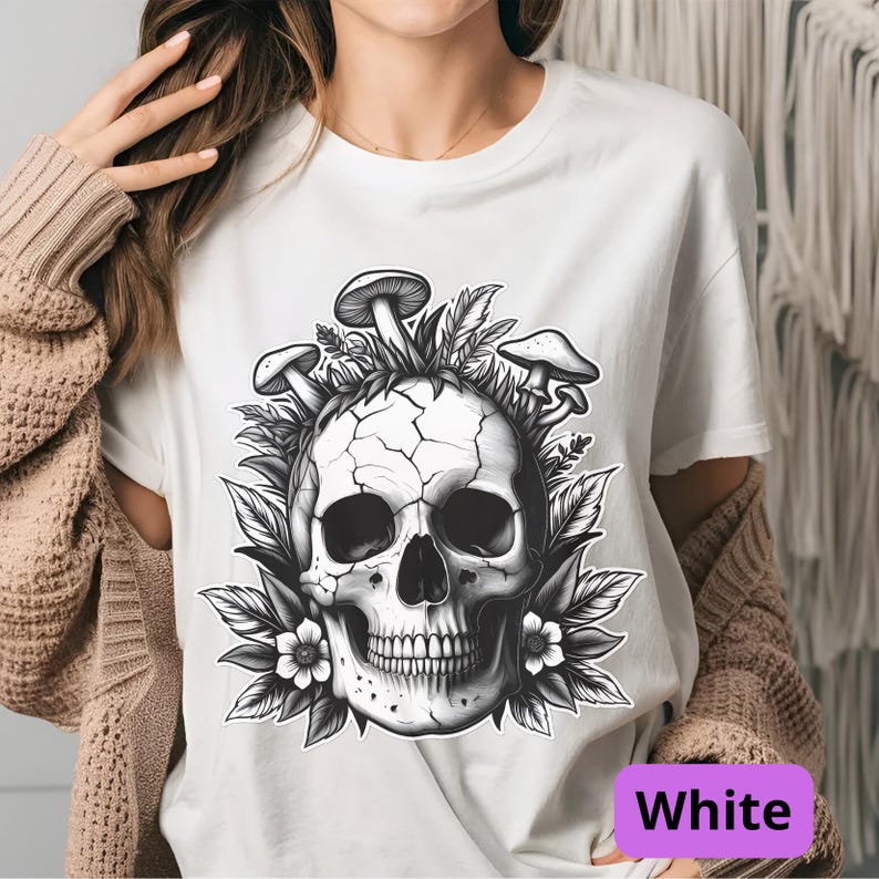 Mushroom Skull Shirt | Goblincore Skeleton Tee | Dark Cottagecore Apparel | Fantasy Mushroom Art | Unisex Nature Gothic Top White