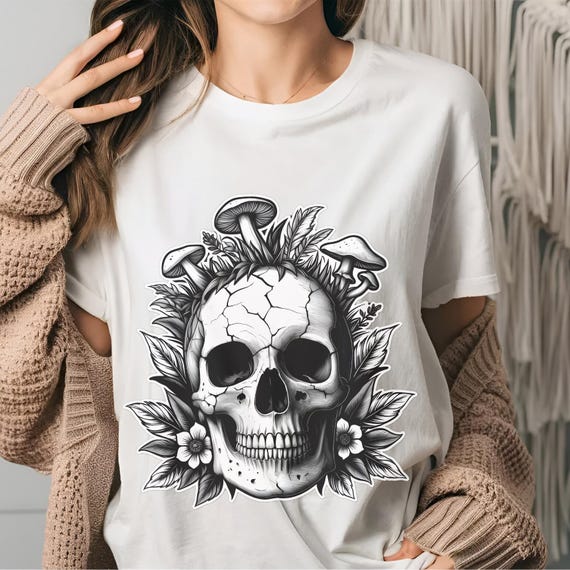 Skull shirt, skull t-shirt with mushrooms, skull shirt women, skull shirt men, skull, skull tshirt, skeleton shirt, Skeleton Halloween shirt