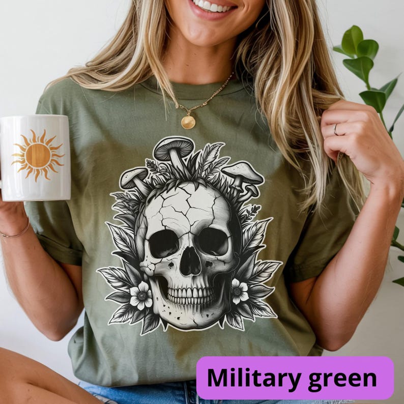 Mushroom Skull Shirt | Goblincore Skeleton Tee | Dark Cottagecore Apparel | Fantasy Mushroom Art | Unisex Nature Gothic Top Military green