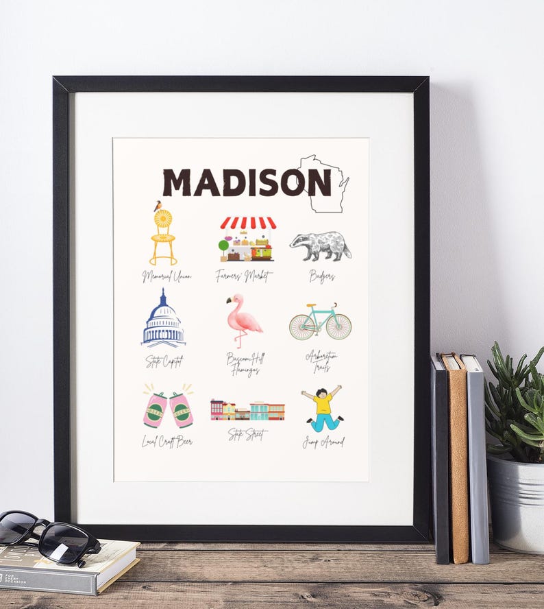 May include: A white framed print with the word "MADISON" in black text at the top. The print features nine illustrated icons representing different aspects of Madison, Wisconsin, including the State Capitol, a farmers market, a badger, a bicycle, a pink flamingo, local craft beer, State Street, and a person jumping.