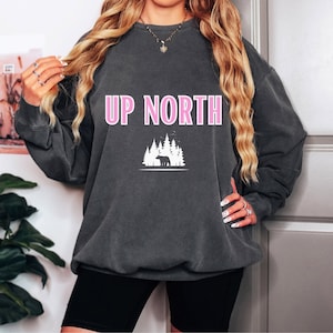 Minocqua WI Sweatshirt, Up North Wisconsin, Womens Michigan Crewneck for Her, Womens Snowmobiling Gear, Northwoods Cabin Shirt