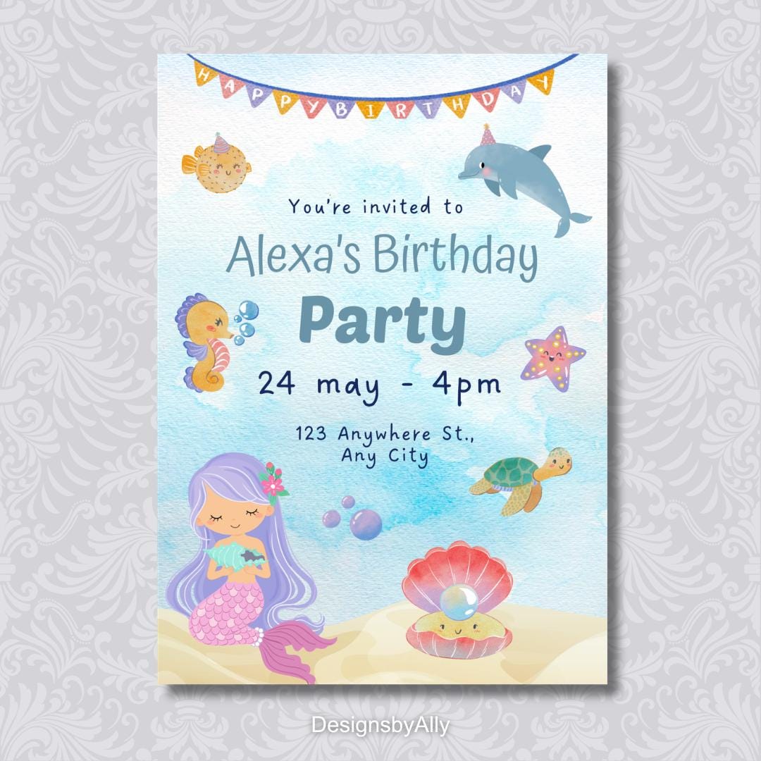 Mermaid Birthday Invitation, Sea Animal Card, Personalized ...