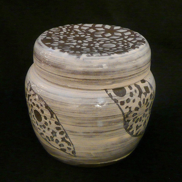 Beautiful Handmade Lidded Jar with lace motif, black clay with white decoration, Lidded pot