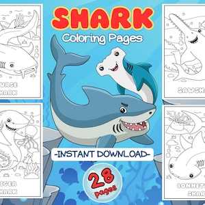 Shark Coloring Pages, Shark Coloring Pages for kids, 28 printable pages, Instant Download, printable coloring pages, shark coloring book