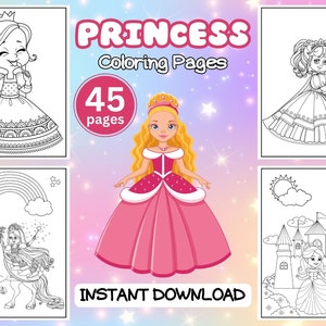 Princess Coloring Pages, Princess Coloring Book, 45 printable pages, Instant Download, Printable Coloring Pages