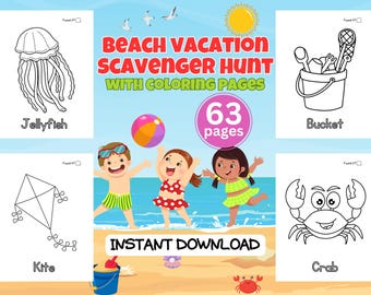 Caccia al tesoro per le vacanze al mare con pagine da colorare per bambini / Attività estive / Gioco per le vacanze / Download immediato
