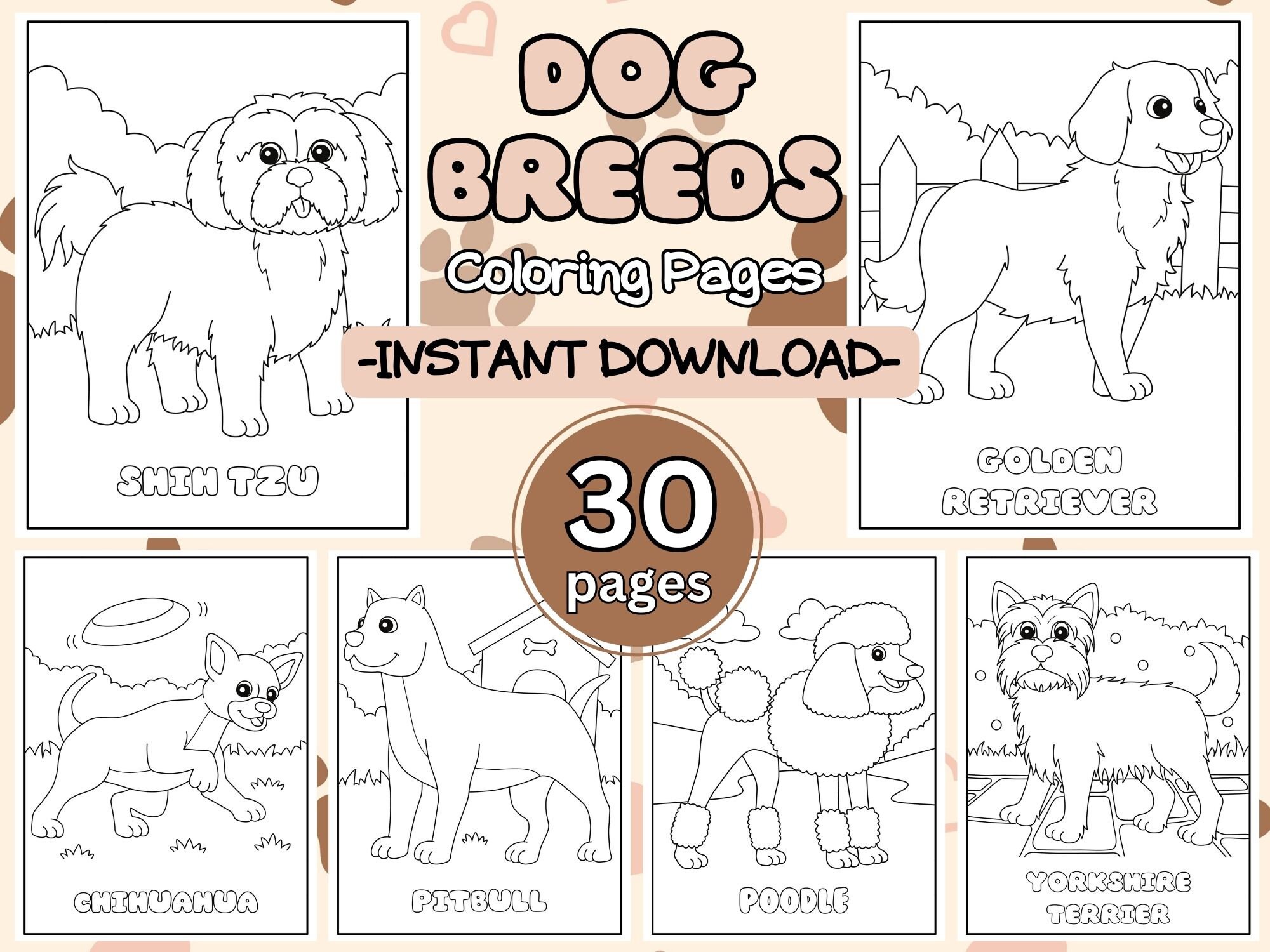 Dog Breed Coloring Book, Dog Coloring Pages, 30 Printable Pages ...