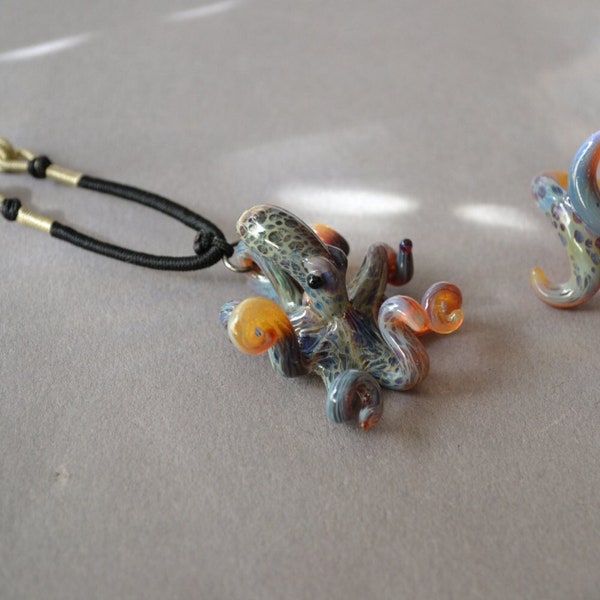 Handmade Blown Glass Octopus Pendant and Ring Set Customizable Sizes and Cords or Chains for Men or Women