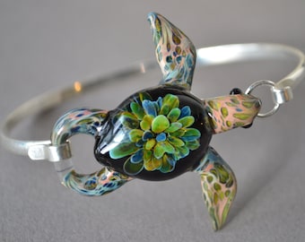 Sea Turtle Bracelet: Silver Cuff with Glass Anemone