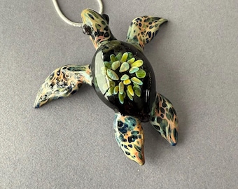 Glass Sea Turtle Necklace Pendant- Blown Glass ART Jewelry implosion by GLASSnFIRE