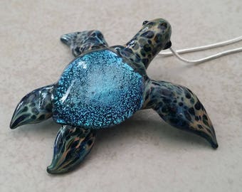 Turquoise Sea Turtle, Dicro Pendant Necklace, seaturtle jewelry, blown glass, scuba diving jewelry