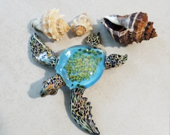 Blue Sea Turtle Sea Glass Art Sculpture Paperweight Blown Glass Gift for Him Mens Gift Turtle Gifts