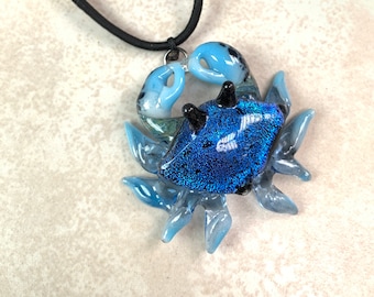 Blue Crab Necklace Pendant ,Handmade Jewelry, Glass Hawaii Nautical Beach Party Gift for Her